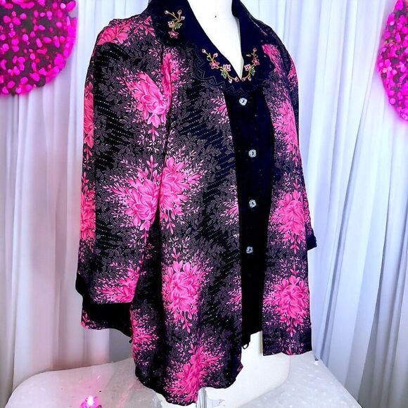 Hot pink black fireworks embroidery floral 3/4 sleeves layered top - Picture 2 of 8